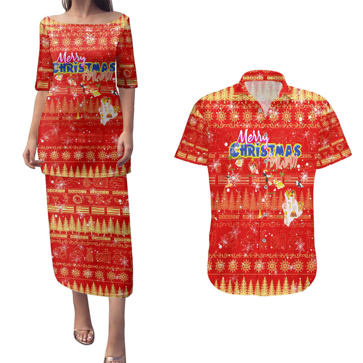 Merry Christmas Hawaii Couples Matching Puletasi and Hawaiian Shirt Xmas Travel Map - Polynesian Pride