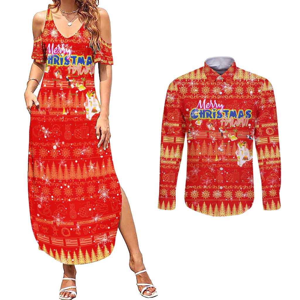 Merry Christmas Hawaii Couples Matching Summer Maxi Dress and Long Sleeve Button Shirt Xmas Travel Map - Polynesian Pride