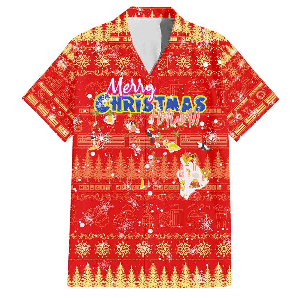 Merry Christmas Hawaii Family Matching Long Sleeve Bodycon Dress and Hawaiian Shirt Xmas Travel Map DT02 Dad's Shirt - Short Sleeve Red - Polynesian Pride