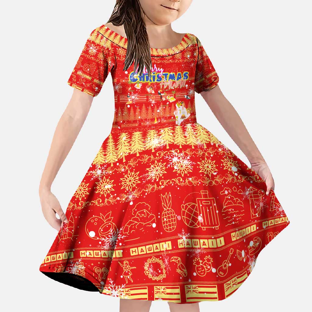 Merry Christmas Hawaii Family Matching Mermaid Dress and Hawaiian Shirt Xmas Travel Map DT02 Daughter's Dress Red - Polynesian Pride