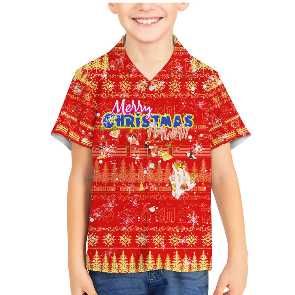 Merry Christmas Hawaii Family Matching Mermaid Dress and Hawaiian Shirt Xmas Travel Map DT02 Son's Shirt Red - Polynesian Pride
