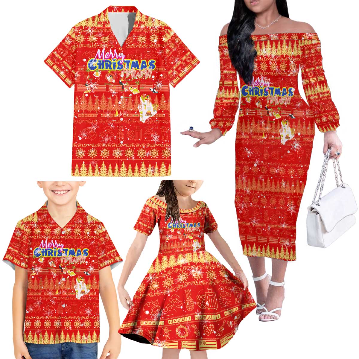 Merry Christmas Hawaii Family Matching Off The Shoulder Long Sleeve Dress and Hawaiian Shirt Xmas Travel Map DT02 - Polynesian Pride