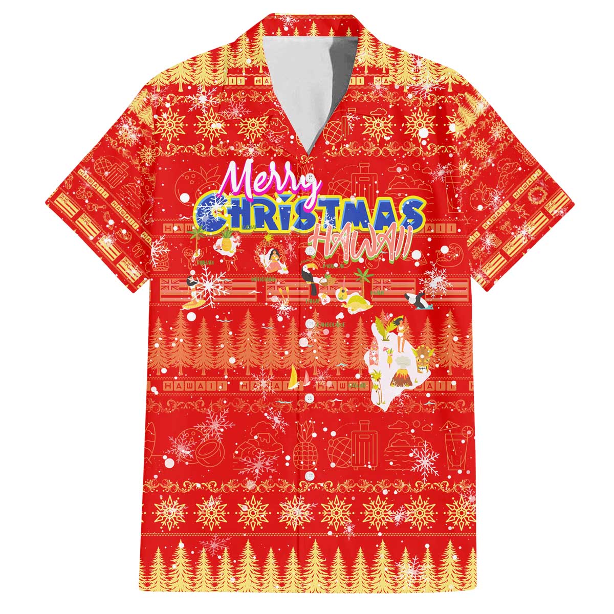 Merry Christmas Hawaii Family Matching Off The Shoulder Long Sleeve Dress and Hawaiian Shirt Xmas Travel Map DT02 Dad's Shirt - Short Sleeve Red - Polynesian Pride