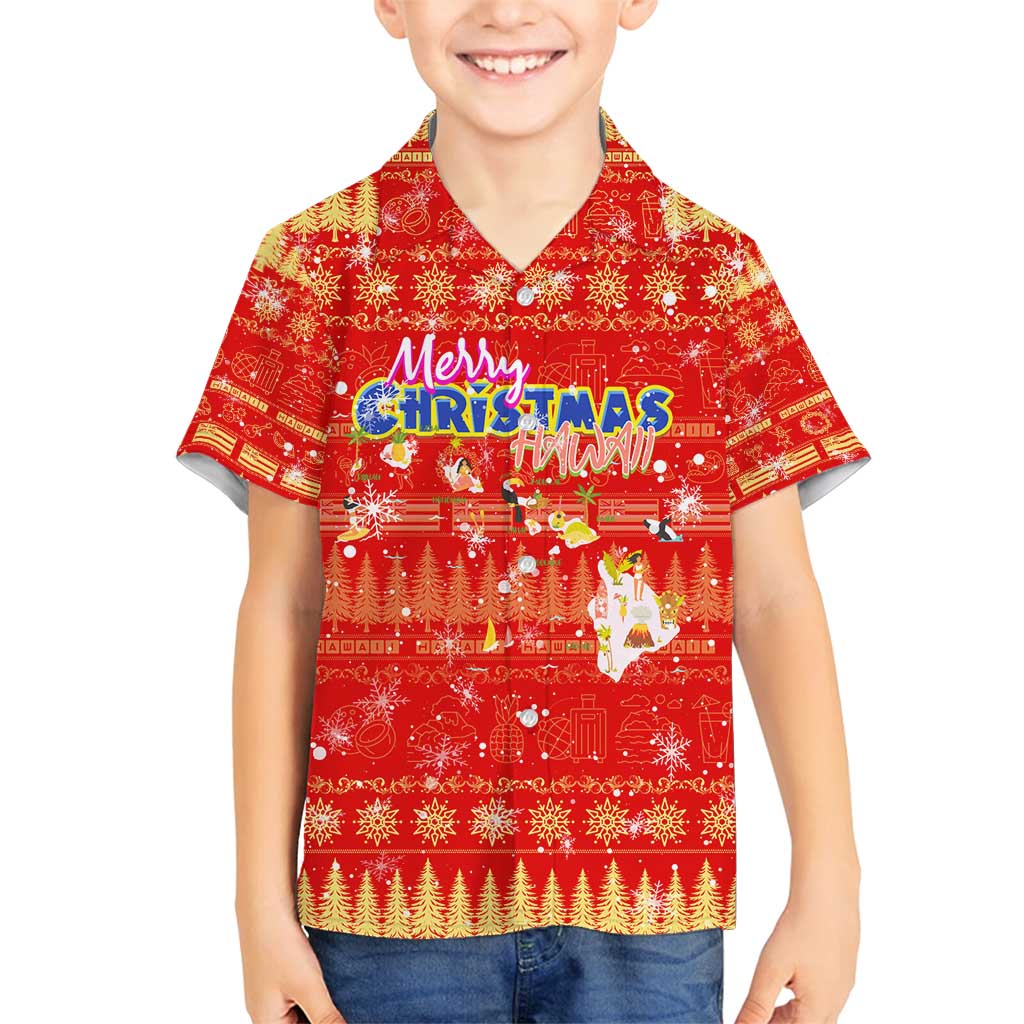 Merry Christmas Hawaii Family Matching Off Shoulder Maxi Dress and Hawaiian Shirt Xmas Travel Map DT02 Son's Shirt Red - Polynesian Pride