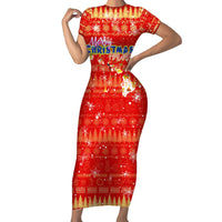 Merry Christmas Hawaii Family Matching Short Sleeve Bodycon Dress and Hawaiian Shirt Xmas Travel Map DT02 Mom's Dress Red - Polynesian Pride