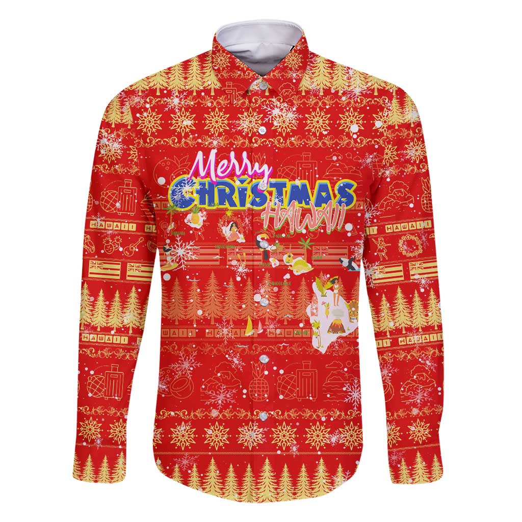 Merry Christmas Hawaii Family Matching Summer Maxi Dress and Hawaiian Shirt Xmas Travel Map DT02 Dad's Shirt - Long Sleeve Red - Polynesian Pride