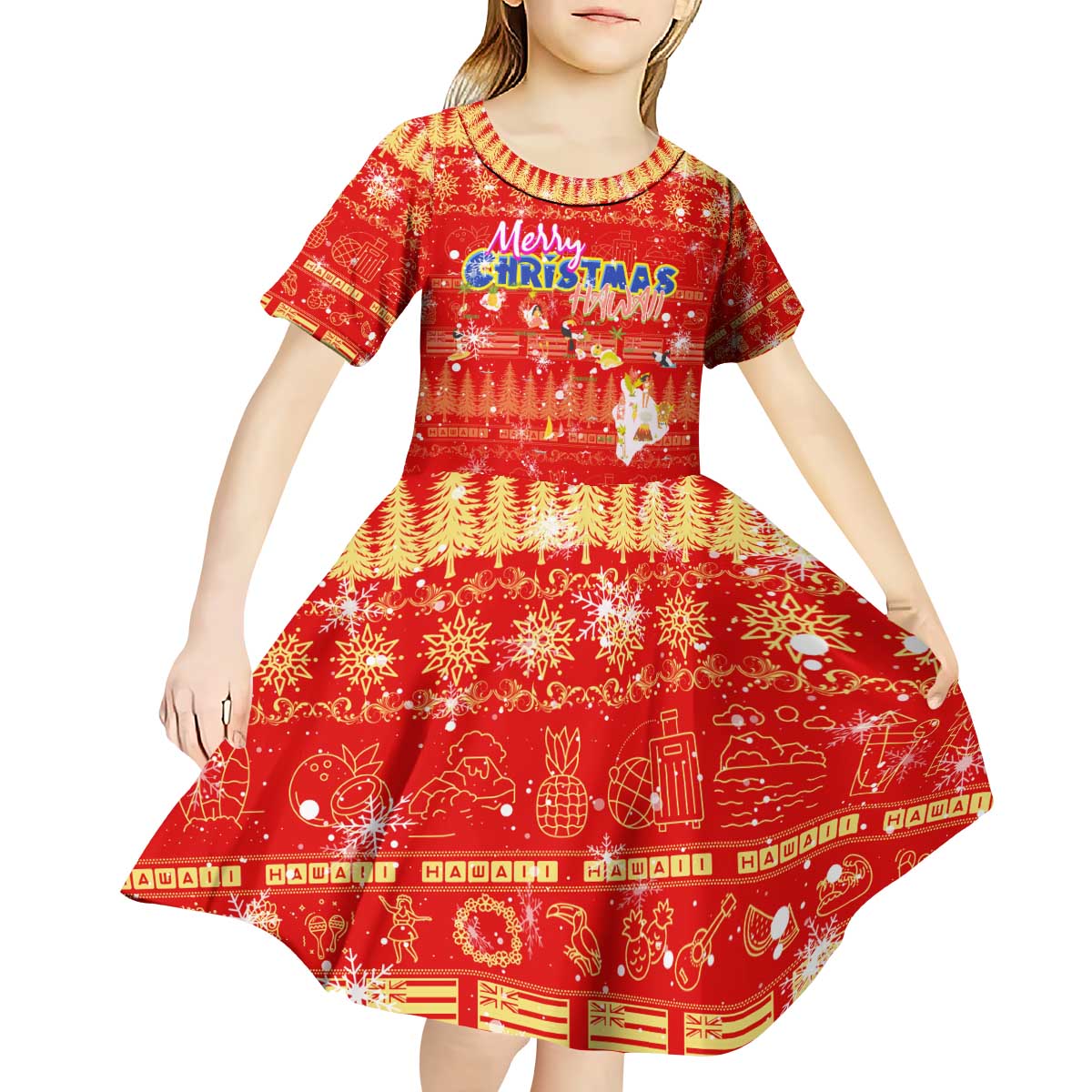 Merry Christmas Hawaii Kid Short Sleeve Dress Xmas Travel Map - Polynesian Pride