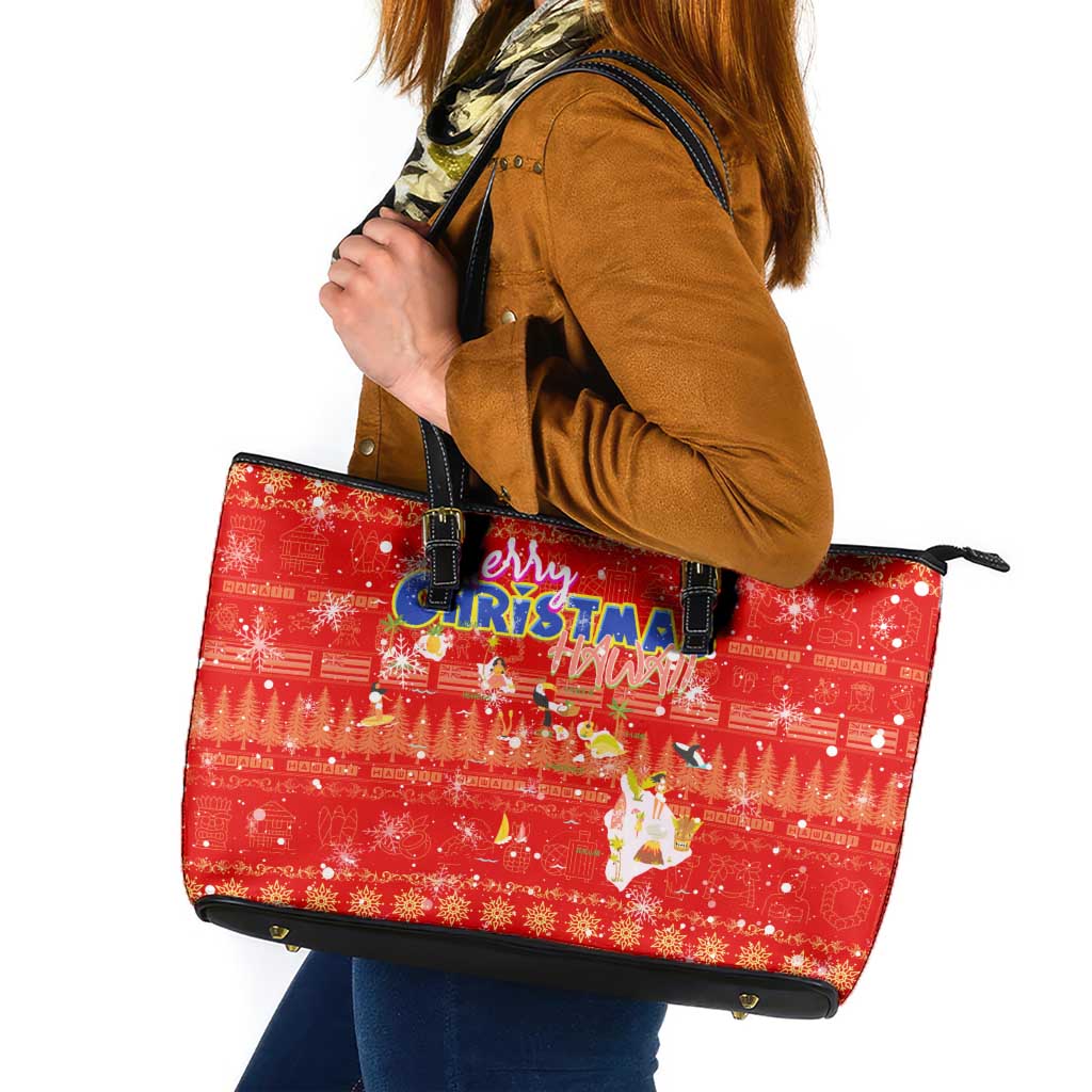 Merry Christmas Hawaii Leather Tote Bag Xmas Travel Map - Polynesian Pride