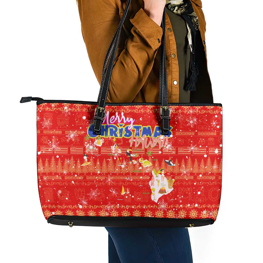 Merry Christmas Hawaii Leather Tote Bag Xmas Travel Map - Polynesian Pride