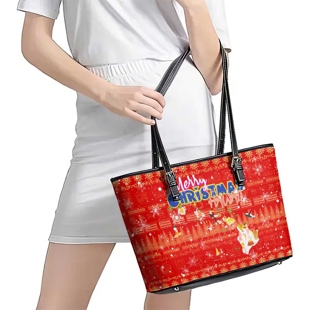 Merry Christmas Hawaii Leather Tote Bag Xmas Travel Map - Polynesian Pride