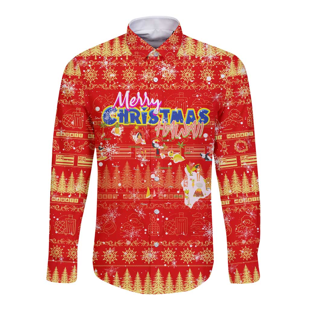 Merry Christmas Hawaii Long Sleeve Button Shirt Xmas Travel Map DT02 Unisex Red - Polynesian Pride