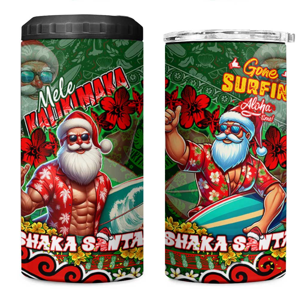 Mele Kalikimaka Shaka Santa 4 in 1 Can Cooler Tumbler Hawaiian Surf Christmas Design with Aloha Spirit DT02 One Size: 16 oz Green - Polynesian Pride