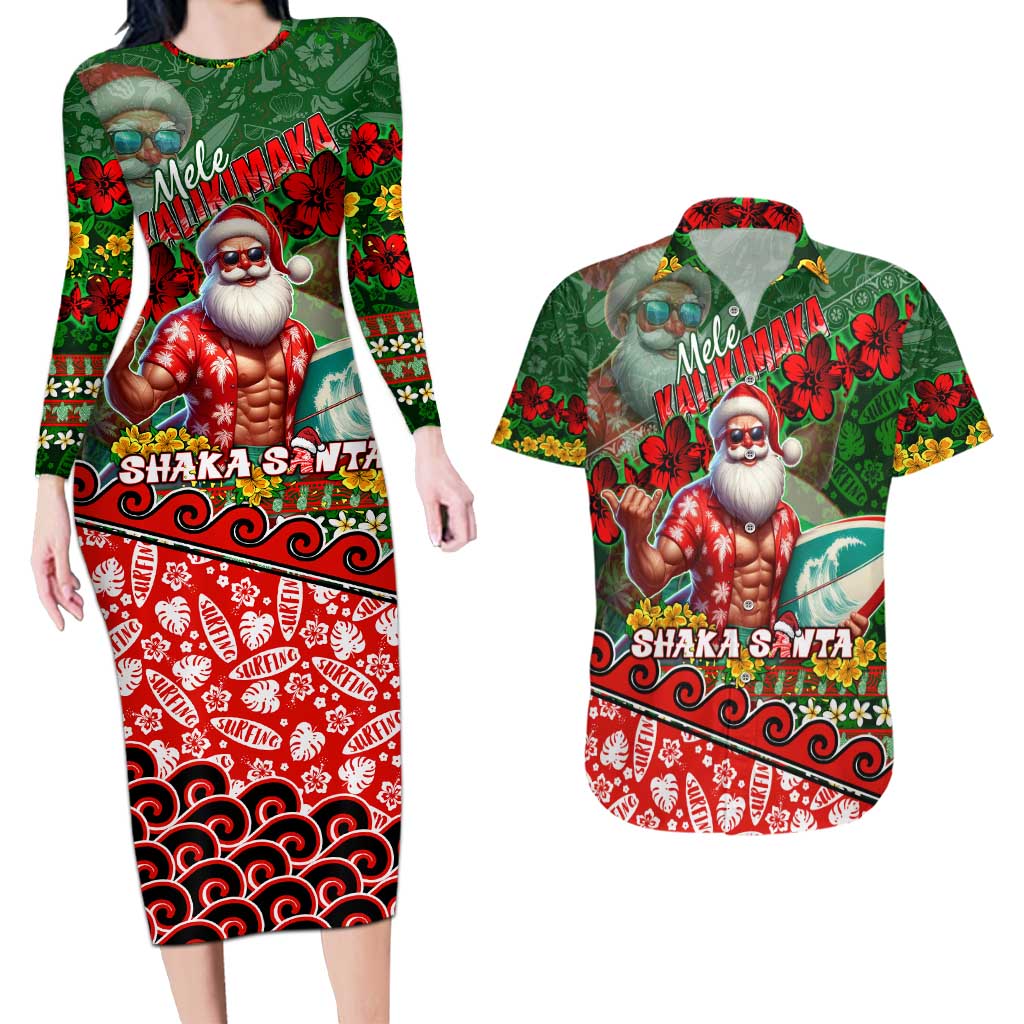 Mele Kalikimaka Shaka Santa Couples Matching Long Sleeve Bodycon Dress and Hawaiian Shirt Hawaiian Surf Christmas Design with Aloha Spirit DT02 Green - Polynesian Pride