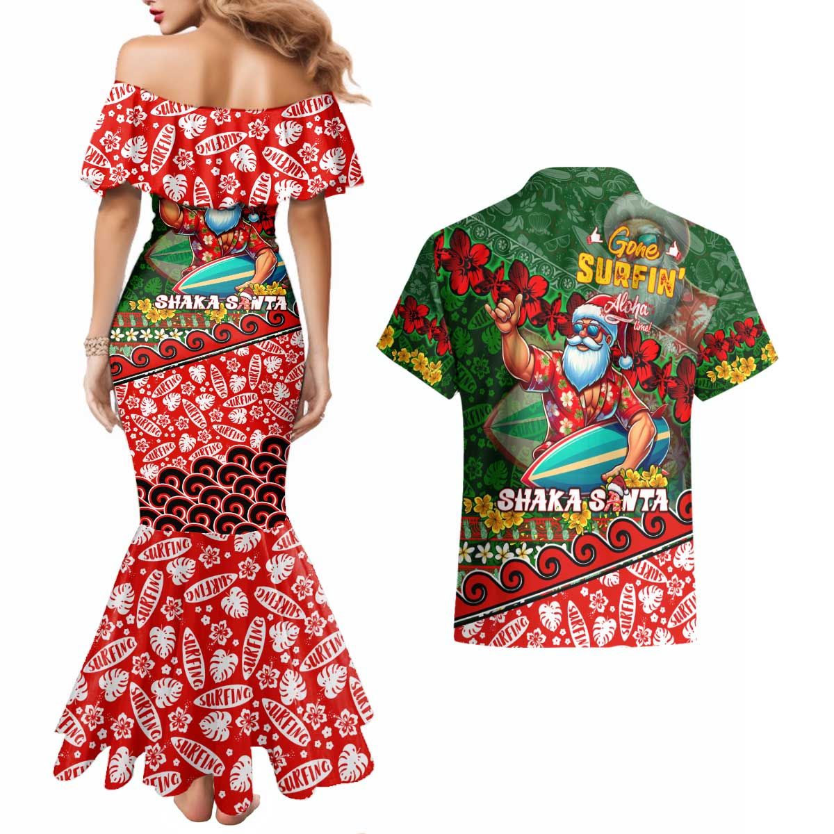 Mele Kalikimaka Shaka Santa Couples Matching Mermaid Dress and Hawaiian Shirt Hawaiian Surf Christmas Design with Aloha Spirit DT02 - Polynesian Pride