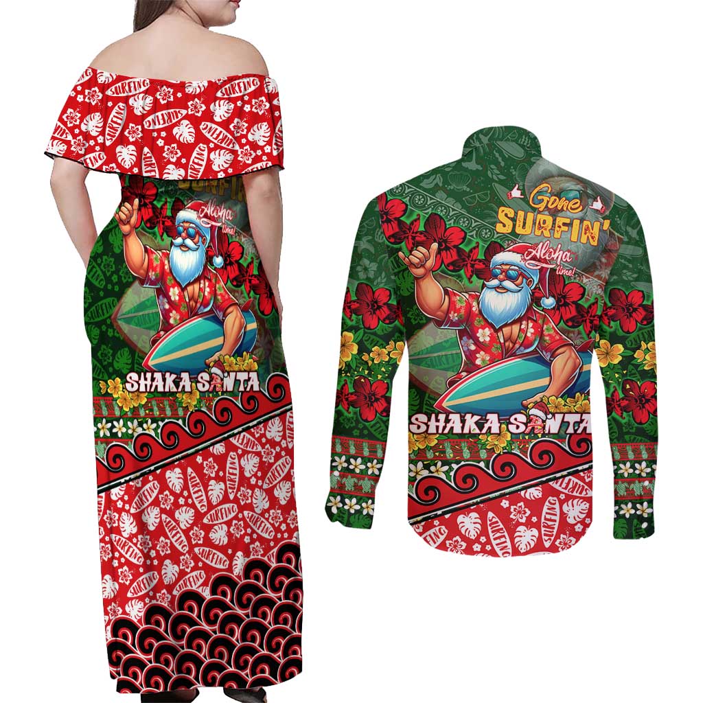 Mele Kalikimaka Shaka Santa Couples Matching Off Shoulder Maxi Dress and Long Sleeve Button Shirt Hawaiian Surf Christmas Design with Aloha Spirit DT02 - Polynesian Pride