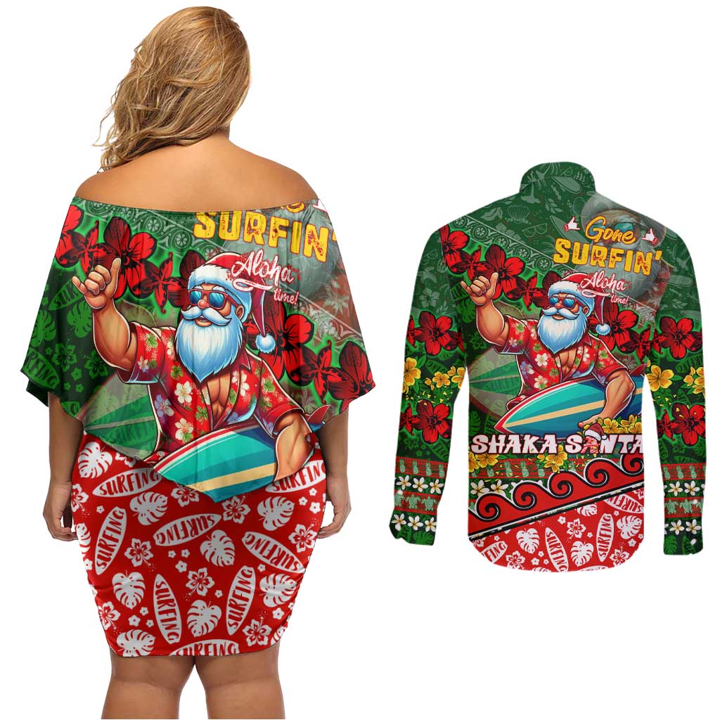 Mele Kalikimaka Shaka Santa Couples Matching Off Shoulder Short Dress and Long Sleeve Button Shirt Hawaiian Surf Christmas Design with Aloha Spirit DT02 - Polynesian Pride