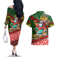 Mele Kalikimaka Shaka Santa Couples Matching Off The Shoulder Long Sleeve Dress and Hawaiian Shirt Hawaiian Surf Christmas Design with Aloha Spirit DT02 - Polynesian Pride