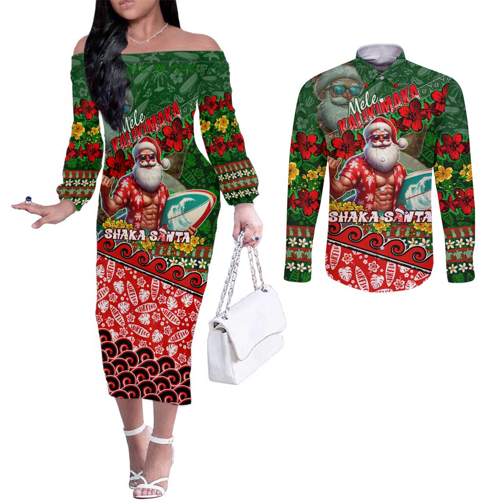 Mele Kalikimaka Shaka Santa Couples Matching Off The Shoulder Long Sleeve Dress and Long Sleeve Button Shirt Hawaiian Surf Christmas Design with Aloha Spirit DT02 Green - Polynesian Pride