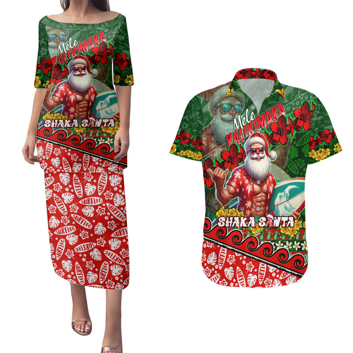 Mele Kalikimaka Shaka Santa Couples Matching Puletasi and Hawaiian Shirt Hawaiian Surf Christmas Design with Aloha Spirit DT02 Green - Polynesian Pride