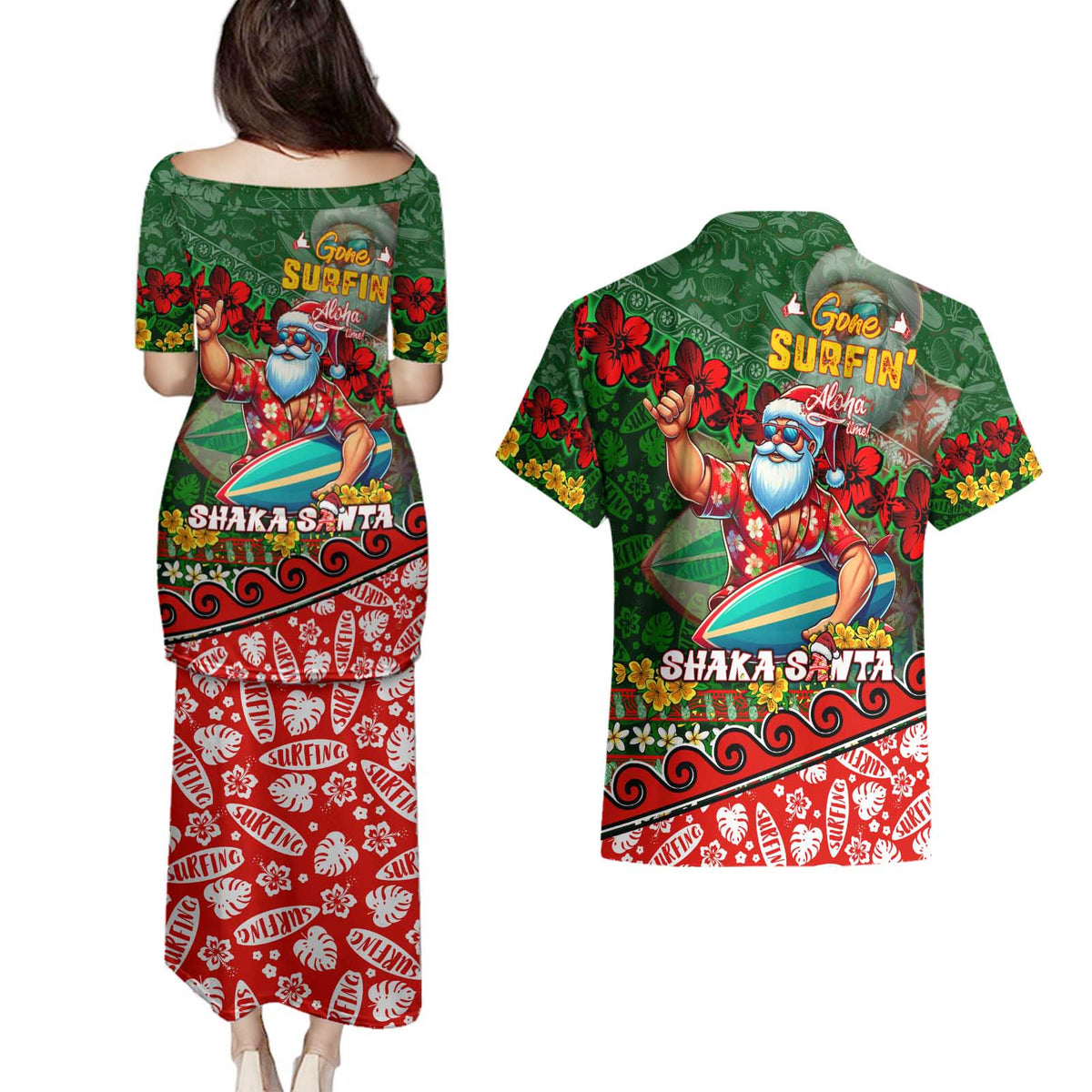 Mele Kalikimaka Shaka Santa Couples Matching Puletasi and Hawaiian Shirt Hawaiian Surf Christmas Design with Aloha Spirit DT02 - Polynesian Pride