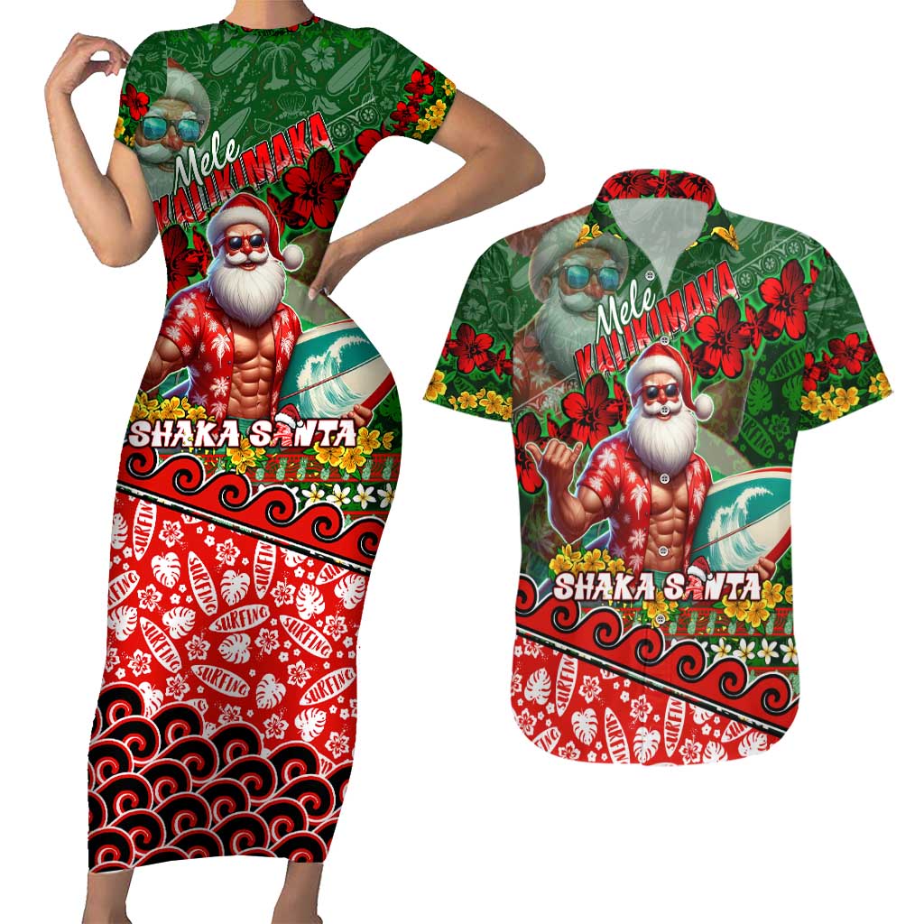 Mele Kalikimaka Shaka Santa Couples Matching Short Sleeve Bodycon Dress and Hawaiian Shirt Hawaiian Surf Christmas Design with Aloha Spirit DT02 Green - Polynesian Pride