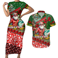 Mele Kalikimaka Shaka Santa Couples Matching Short Sleeve Bodycon Dress and Hawaiian Shirt Hawaiian Surf Christmas Design with Aloha Spirit DT02 Green - Polynesian Pride