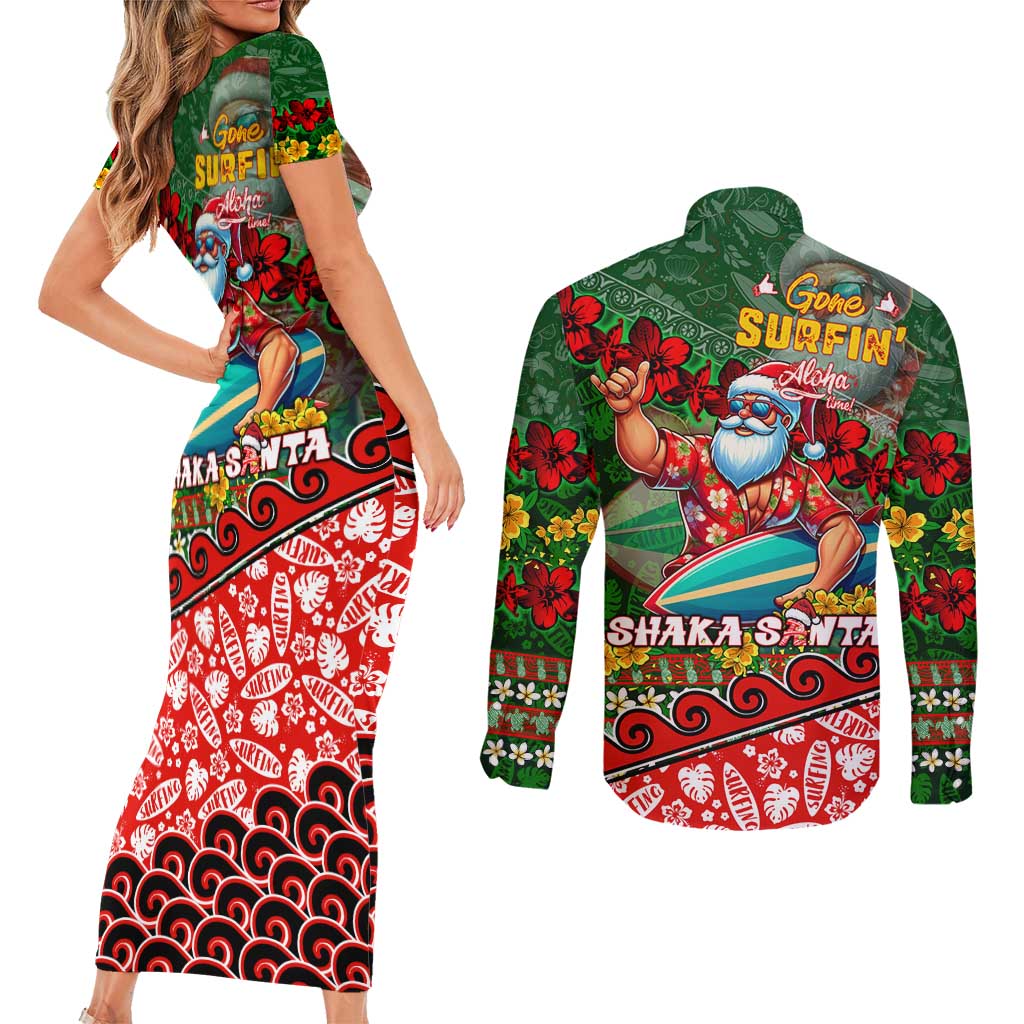 Mele Kalikimaka Shaka Santa Couples Matching Short Sleeve Bodycon Dress and Long Sleeve Button Shirt Hawaiian Surf Christmas Design with Aloha Spirit DT02 - Polynesian Pride