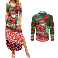 Mele Kalikimaka Shaka Santa Couples Matching Summer Maxi Dress and Long Sleeve Button Shirt Hawaiian Surf Christmas Design with Aloha Spirit DT02 Green - Polynesian Pride