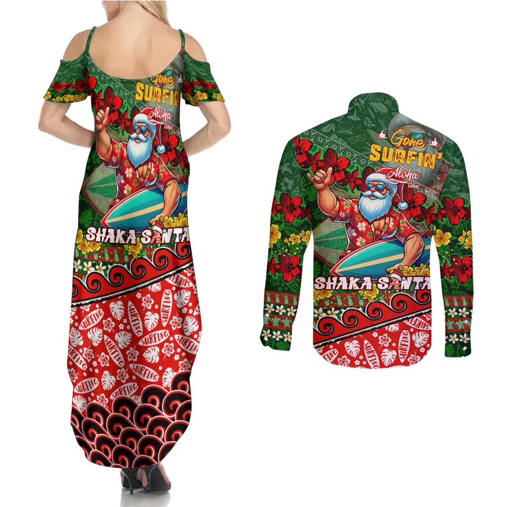 Mele Kalikimaka Shaka Santa Couples Matching Summer Maxi Dress and Long Sleeve Button Shirt Hawaiian Surf Christmas Design with Aloha Spirit DT02 - Polynesian Pride