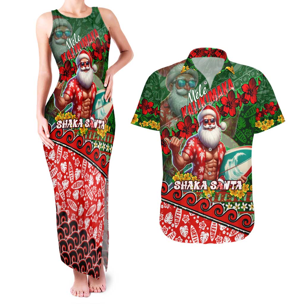 Mele Kalikimaka Shaka Santa Couples Matching Tank Maxi Dress and Hawaiian Shirt Hawaiian Surf Christmas Design with Aloha Spirit DT02 Green - Polynesian Pride