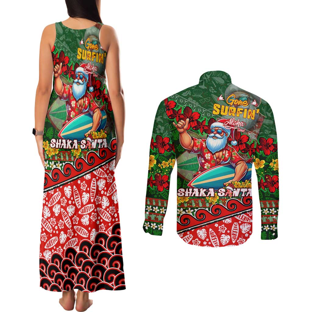 Mele Kalikimaka Shaka Santa Couples Matching Tank Maxi Dress and Long Sleeve Button Shirt Hawaiian Surf Christmas Design with Aloha Spirit DT02 - Polynesian Pride