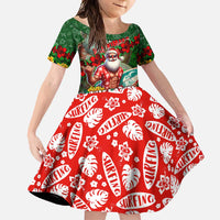 Mele Kalikimaka Shaka Santa Family Matching Long Sleeve Bodycon Dress and Hawaiian Shirt Hawaiian Surf Christmas Design with Aloha Spirit DT02 Daughter's Dress Green - Polynesian Pride