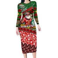Mele Kalikimaka Shaka Santa Family Matching Long Sleeve Bodycon Dress and Hawaiian Shirt Hawaiian Surf Christmas Design with Aloha Spirit DT02 Mom's Dress Green - Polynesian Pride