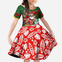 Mele Kalikimaka Shaka Santa Family Matching Off The Shoulder Long Sleeve Dress and Hawaiian Shirt Hawaiian Surf Christmas Design with Aloha Spirit DT02 Daughter's Dress Green - Polynesian Pride