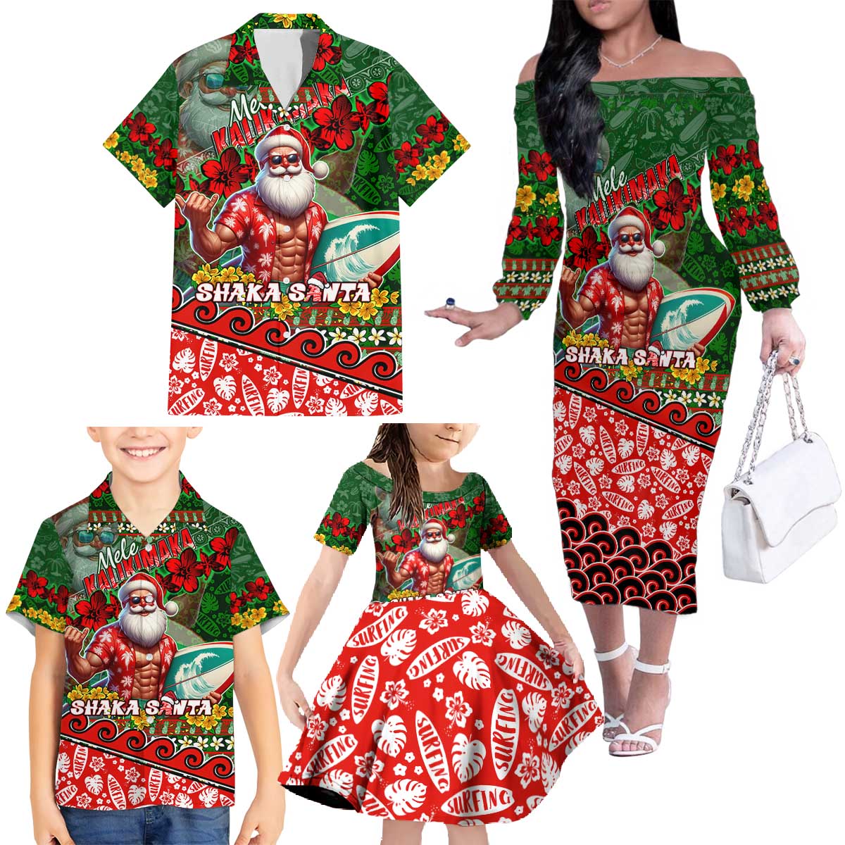 Mele Kalikimaka Shaka Santa Family Matching Off The Shoulder Long Sleeve Dress and Hawaiian Shirt Hawaiian Surf Christmas Design with Aloha Spirit DT02 - Polynesian Pride