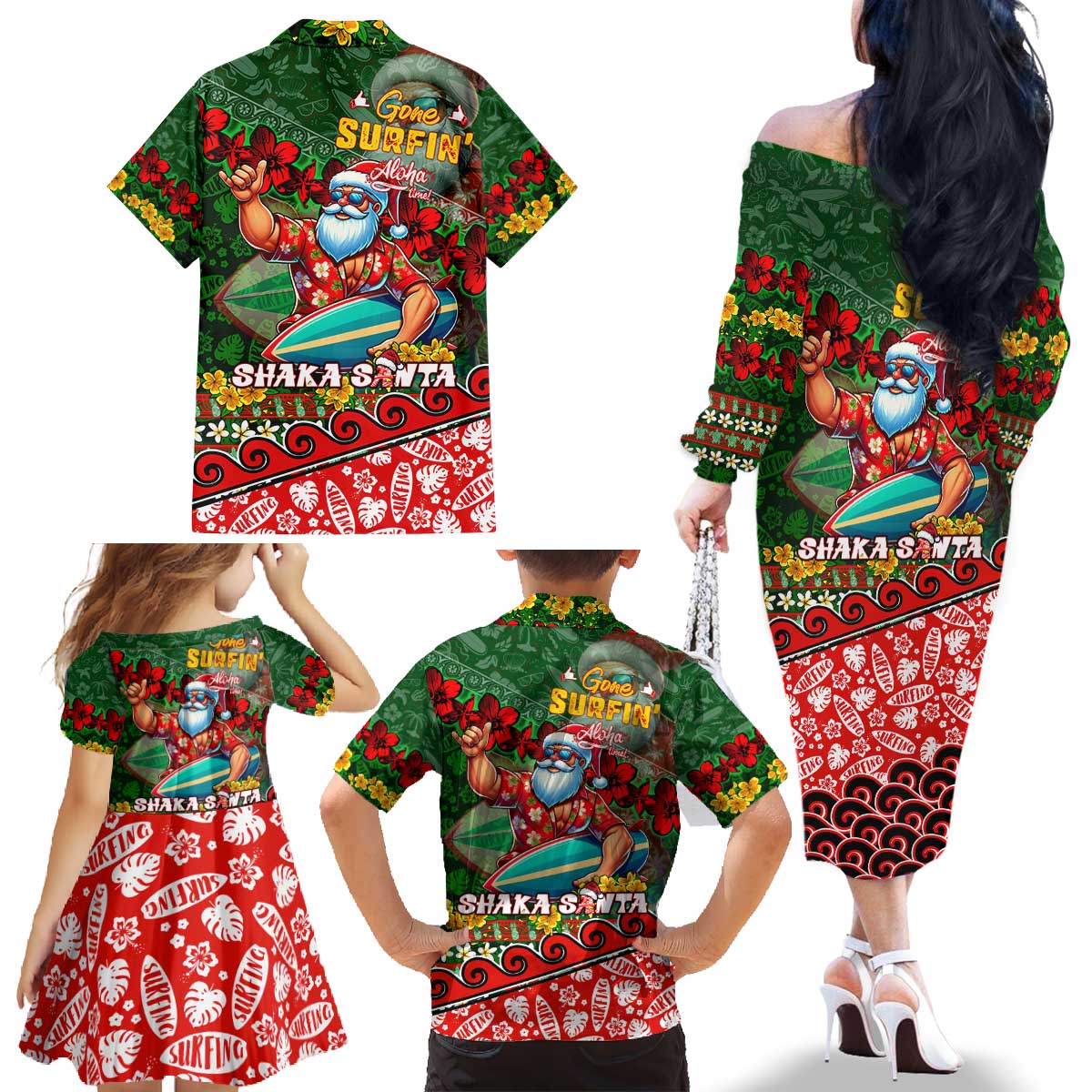 Mele Kalikimaka Shaka Santa Family Matching Off The Shoulder Long Sleeve Dress and Hawaiian Shirt Hawaiian Surf Christmas Design with Aloha Spirit DT02 - Polynesian Pride