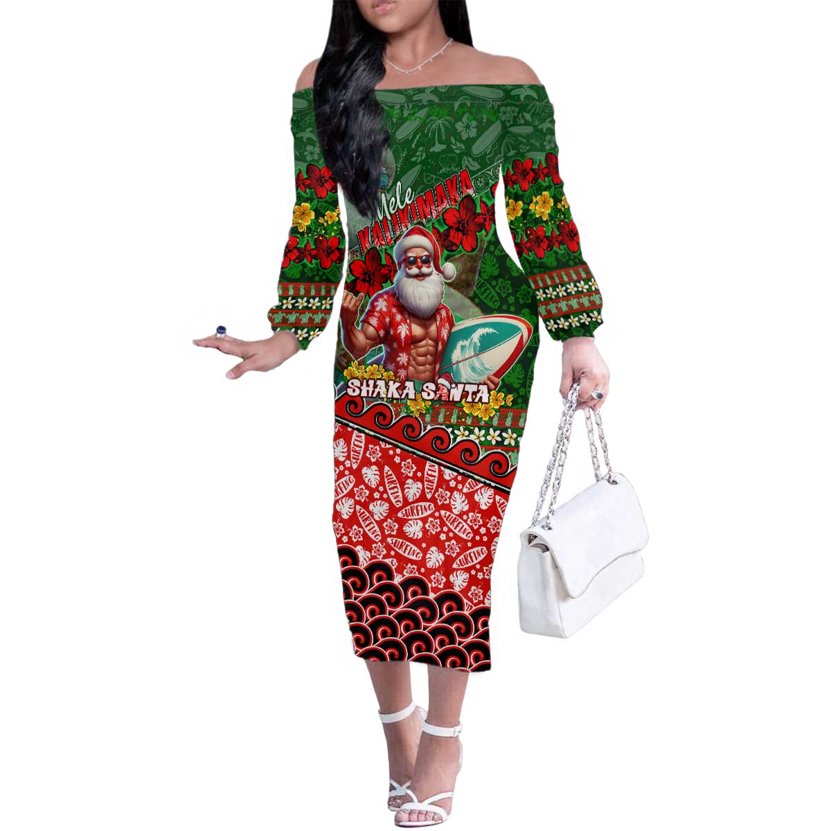 Mele Kalikimaka Shaka Santa Family Matching Off The Shoulder Long Sleeve Dress and Hawaiian Shirt Hawaiian Surf Christmas Design with Aloha Spirit DT02 Mom's Dress Green - Polynesian Pride