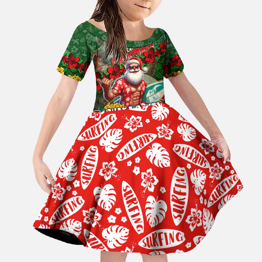 Mele Kalikimaka Shaka Santa Family Matching Off Shoulder Maxi Dress and Hawaiian Shirt Hawaiian Surf Christmas Design with Aloha Spirit DT02 Daughter's Dress Green - Polynesian Pride