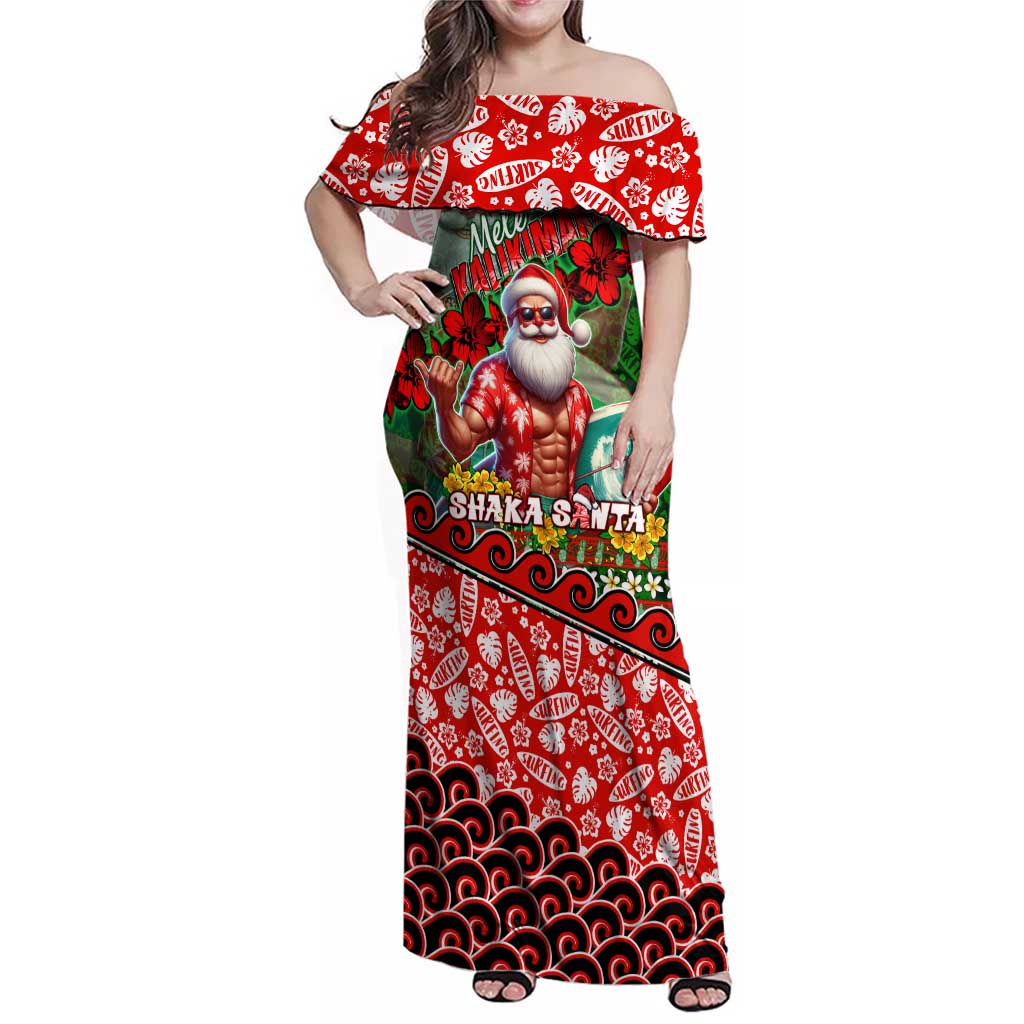 Mele Kalikimaka Shaka Santa Family Matching Off Shoulder Maxi Dress and Hawaiian Shirt Hawaiian Surf Christmas Design with Aloha Spirit DT02 Mom's Dress Green - Polynesian Pride