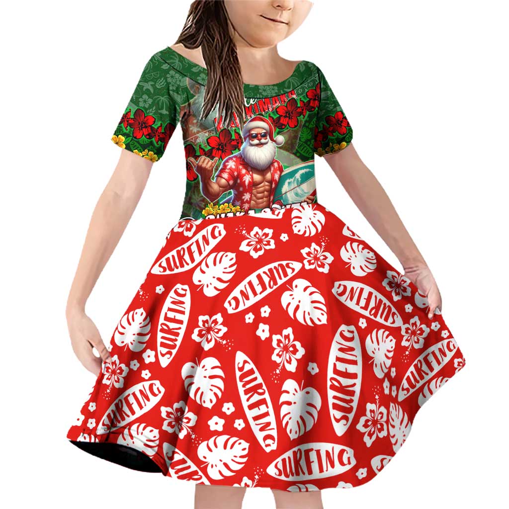 Mele Kalikimaka Shaka Santa Family Matching Off Shoulder Short Dress and Hawaiian Shirt Hawaiian Surf Christmas Design with Aloha Spirit DT02 Daughter's Dress Green - Polynesian Pride