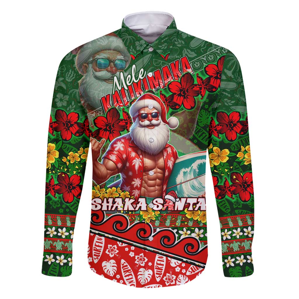Mele Kalikimaka Shaka Santa Family Matching Off Shoulder Short Dress and Hawaiian Shirt Hawaiian Surf Christmas Design with Aloha Spirit DT02 Dad's Shirt - Long Sleeve Green - Polynesian Pride