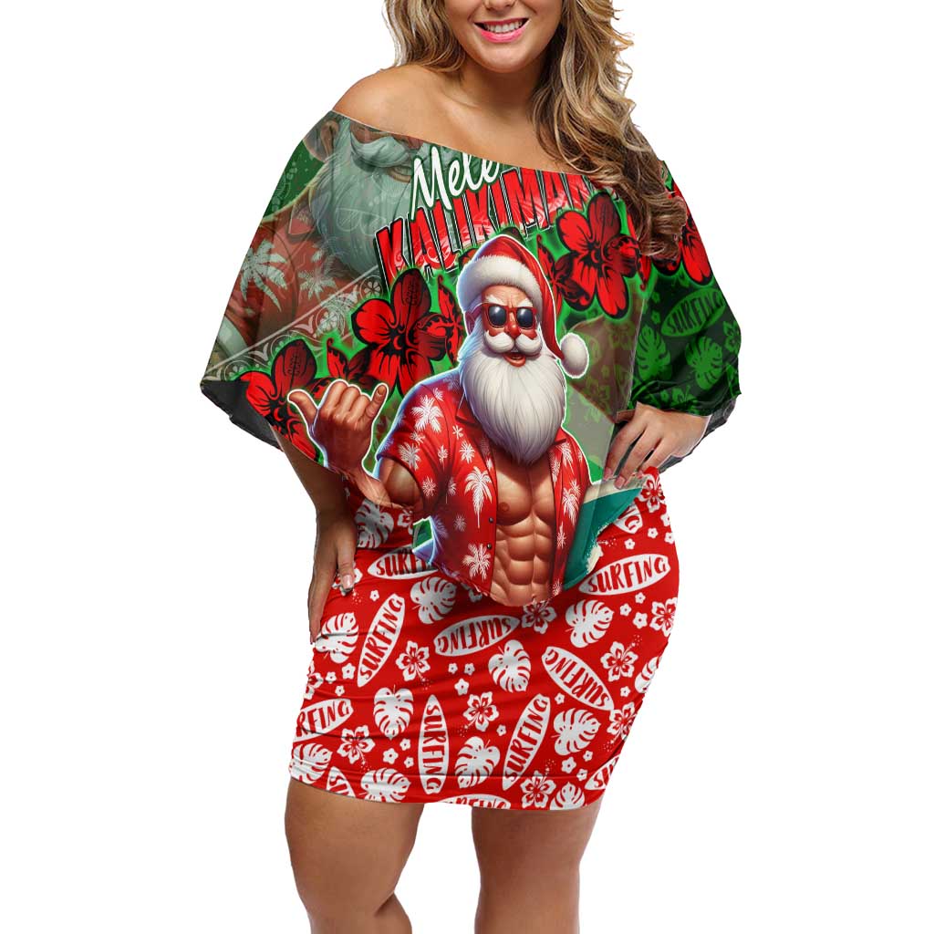 Mele Kalikimaka Shaka Santa Family Matching Off Shoulder Short Dress and Hawaiian Shirt Hawaiian Surf Christmas Design with Aloha Spirit DT02 Mom's Dress Green - Polynesian Pride