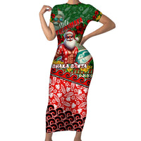 Mele Kalikimaka Shaka Santa Family Matching Short Sleeve Bodycon Dress and Hawaiian Shirt Hawaiian Surf Christmas Design with Aloha Spirit DT02 Mom's Dress Green - Polynesian Pride