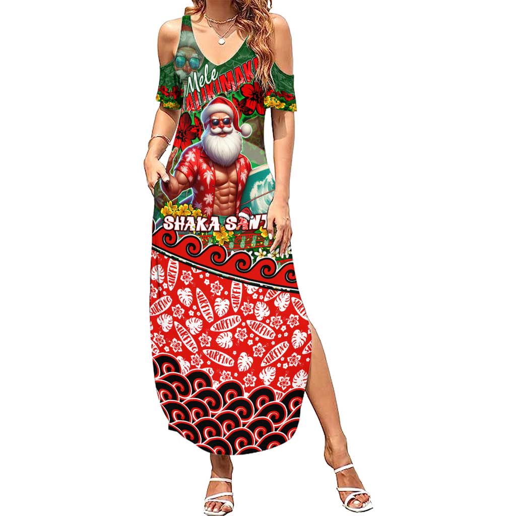Mele Kalikimaka Shaka Santa Family Matching Summer Maxi Dress and Hawaiian Shirt Hawaiian Surf Christmas Design with Aloha Spirit DT02 Mom's Dress Green - Polynesian Pride