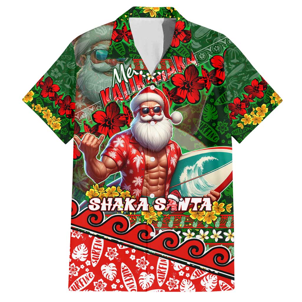Mele Kalikimaka Shaka Santa Family Matching Tank Maxi Dress and Hawaiian Shirt Hawaiian Surf Christmas Design with Aloha Spirit DT02 Dad's Shirt - Short Sleeve Green - Polynesian Pride