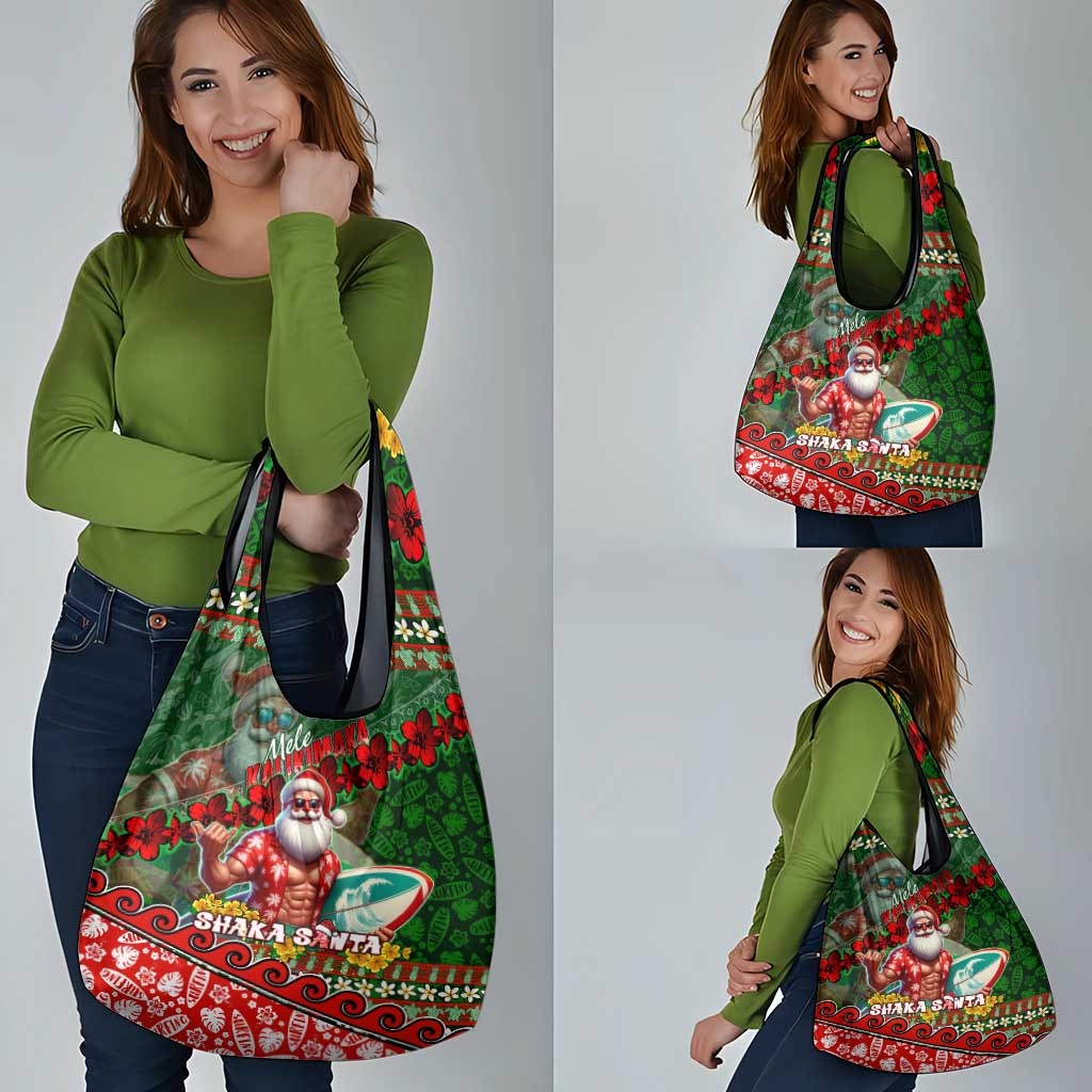 Mele Kalikimaka Shaka Santa Grocery Bag Hawaiian Surf Christmas Design with Aloha Spirit - Polynesian Pride