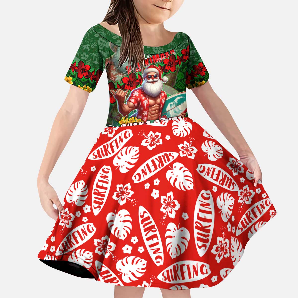 Mele Kalikimaka Shaka Santa Kid Short Sleeve Dress Hawaiian Surf Christmas Design with Aloha Spirit DT02 KID Green - Polynesian Pride