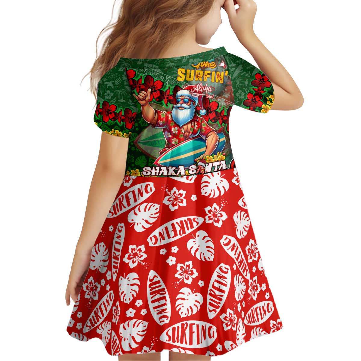 Mele Kalikimaka Shaka Santa Kid Short Sleeve Dress Hawaiian Surf Christmas Design with Aloha Spirit DT02 - Polynesian Pride