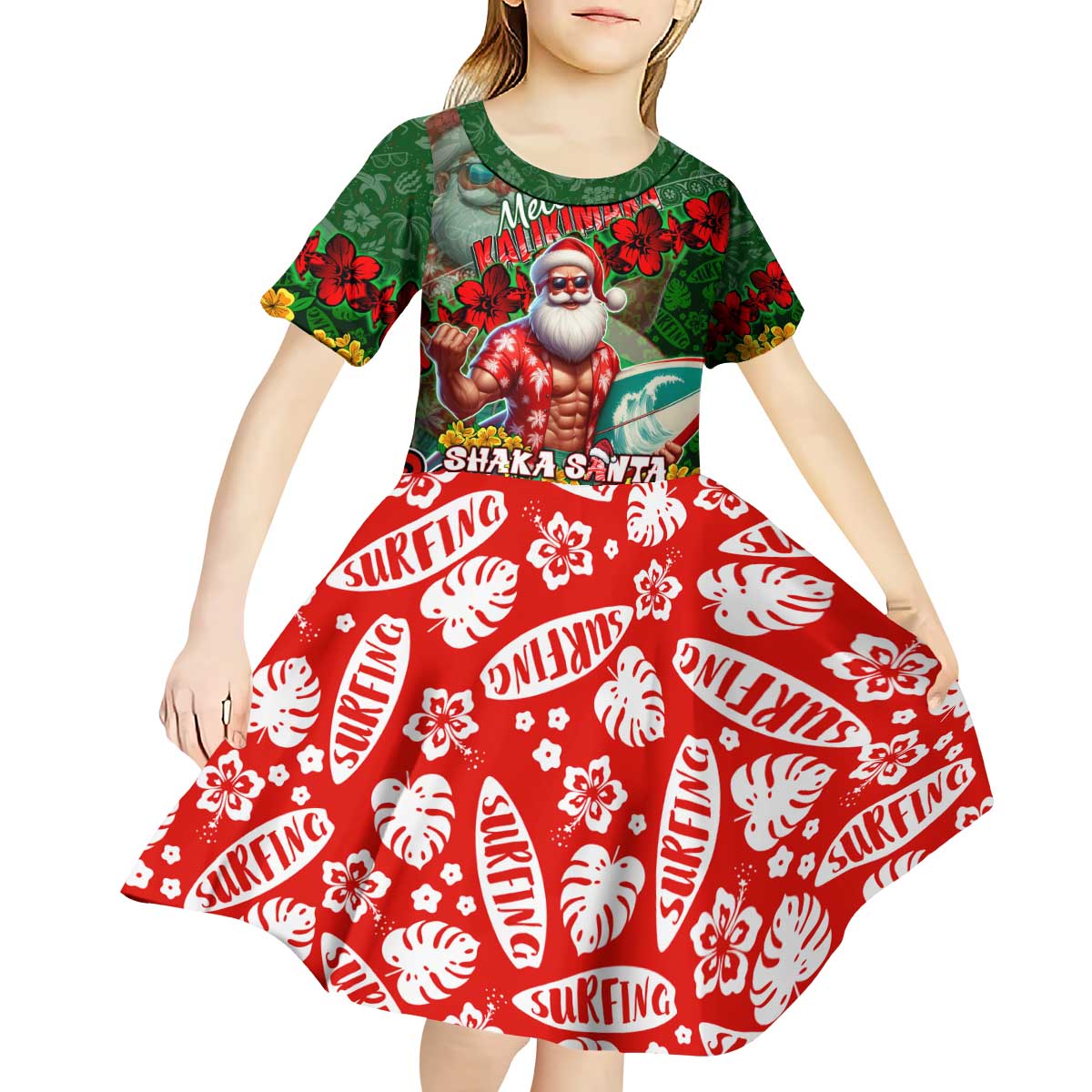 Mele Kalikimaka Shaka Santa Kid Short Sleeve Dress Hawaiian Surf Christmas Design with Aloha Spirit DT02 - Polynesian Pride