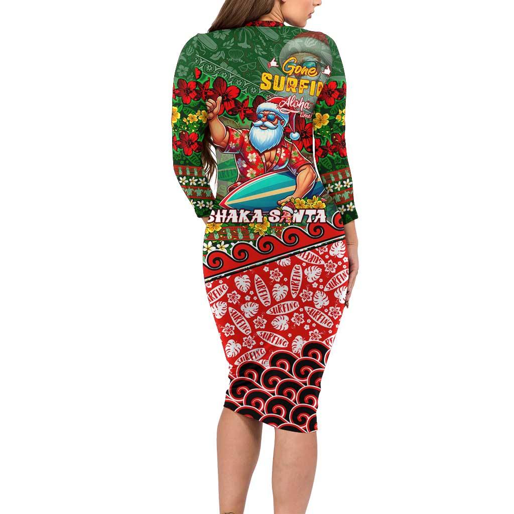 Mele Kalikimaka Shaka Santa Long Sleeve Bodycon Dress Hawaiian Surf Christmas Design with Aloha Spirit DT02 - Polynesian Pride